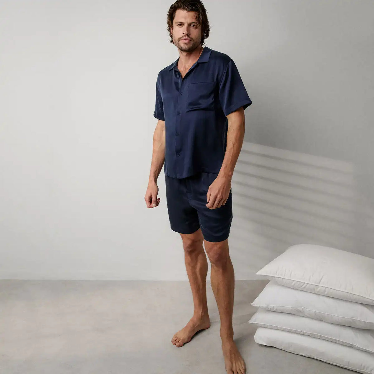 Men's Washable Silk Button Up Short Set
